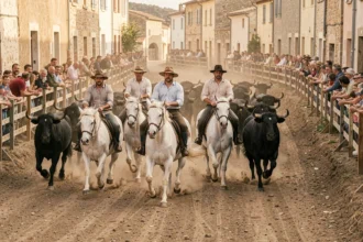 Gardians à cheval escortant des taureaux lors d'une abrivado traditionnelle dans un village camarguais en 2026