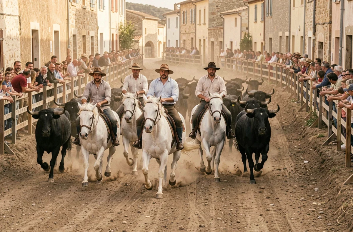 Gardians à cheval escortant des taureaux lors d'une abrivado traditionnelle dans un village camarguais en 2026