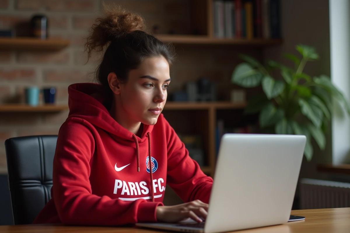 Supportrice du Paris FC achetant des billets en ligne sur la billetterie officielle PFC depuis son appartement parisien