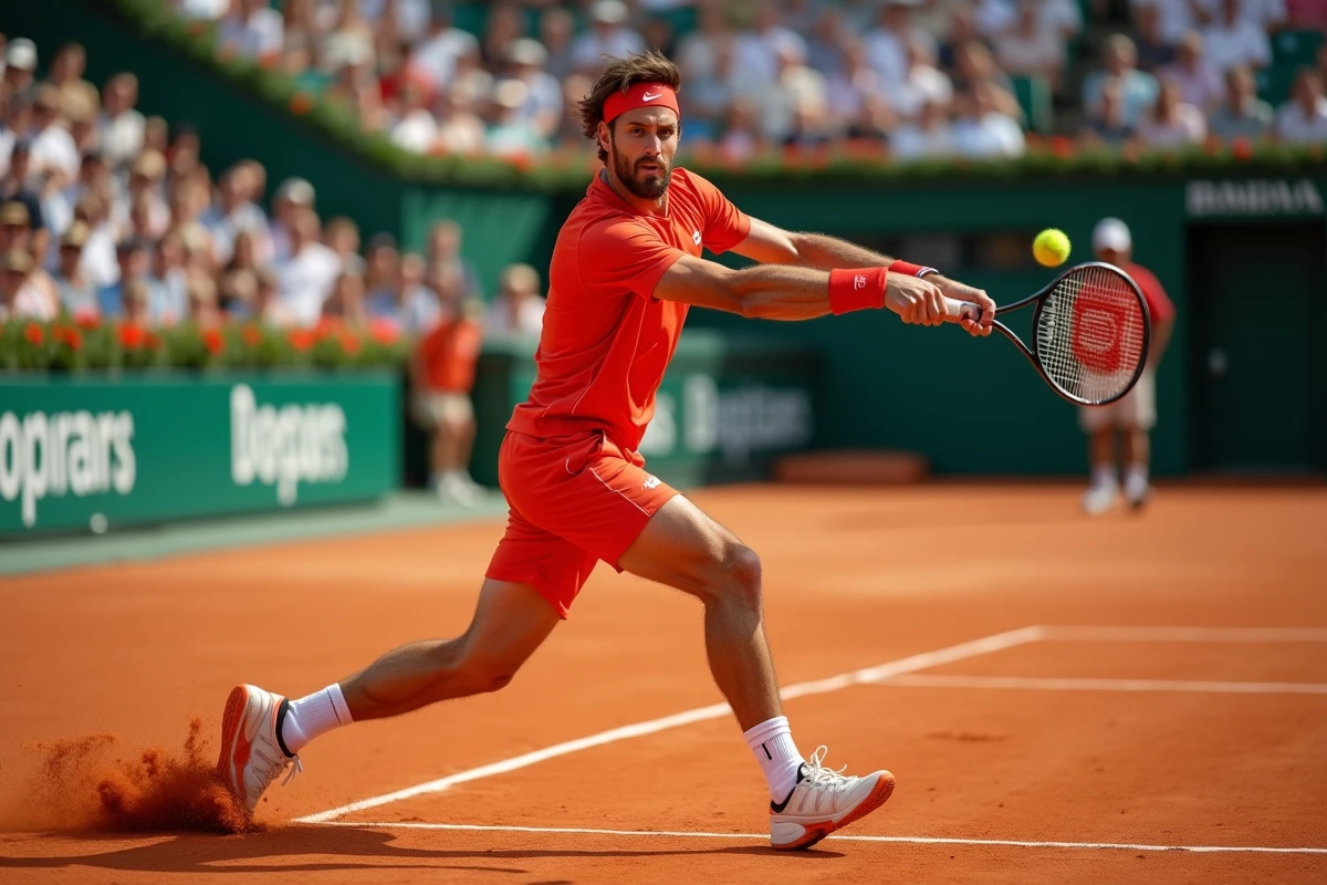 Joueur de tennis professionnel exécutant un revers précis sur terre battue, illustrant l'adaptation tactique de Sinner sur cette surface et son impact sur le classement ATP