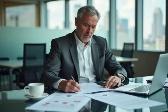Agent de football en costume parcourant des dossiers de transfert sur un bureau vitré dans un bureau de management sportif moderne