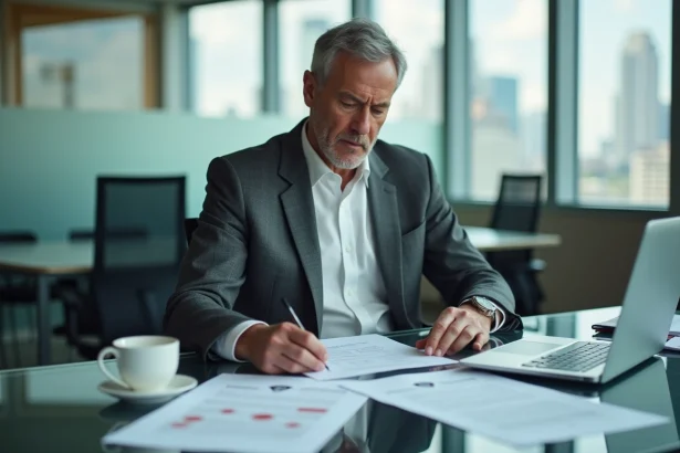 Agent de football en costume parcourant des dossiers de transfert sur un bureau vitré dans un bureau de management sportif moderne