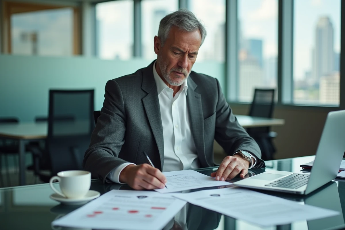 Agent de football en costume parcourant des dossiers de transfert sur un bureau vitré dans un bureau de management sportif moderne