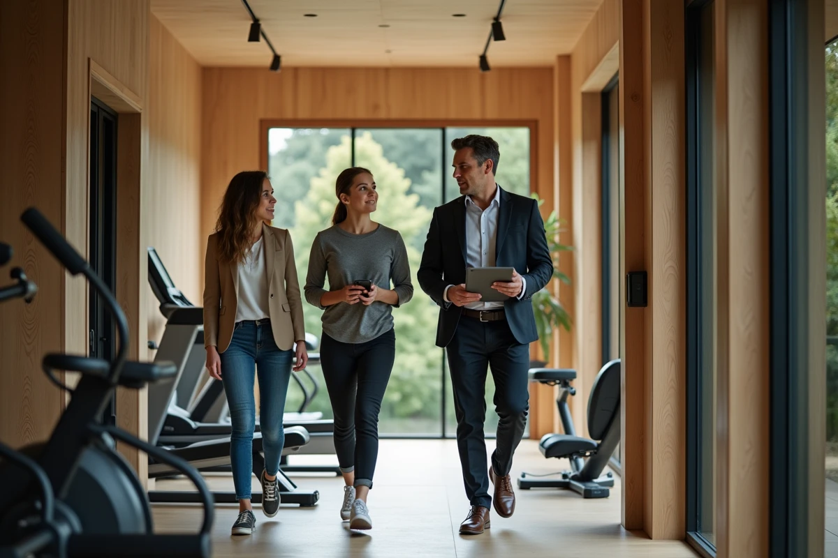 Agent immobilier guidant un couple dans une cabane