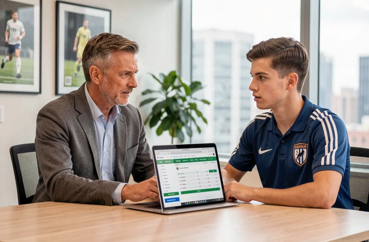 Agent sportif et joueur de football comparant les salaires entre National 2, National et Ligue 2 sur un ordinateur portable