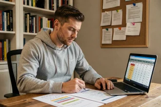 Sportif amateur analysant un tableau de répartition des points P100 et P250 dans un bureau à domicile