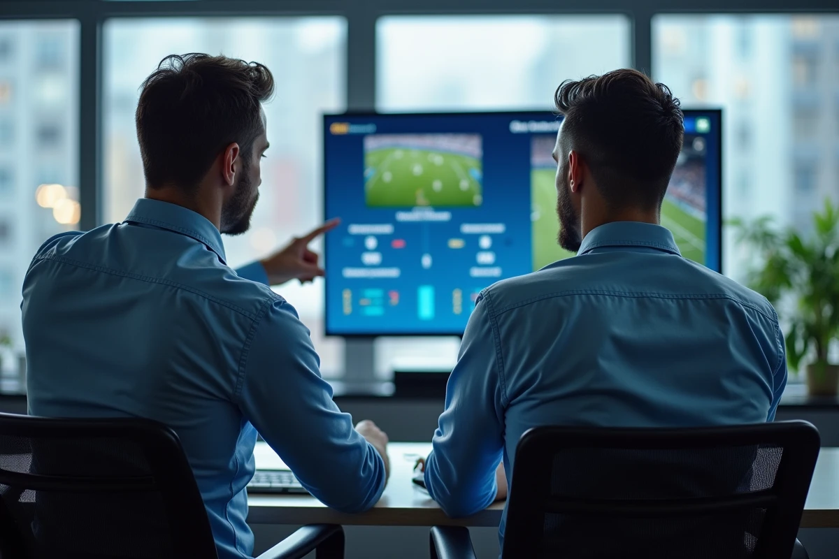 Deux analystes sportifs discutent devant un écran de classement football