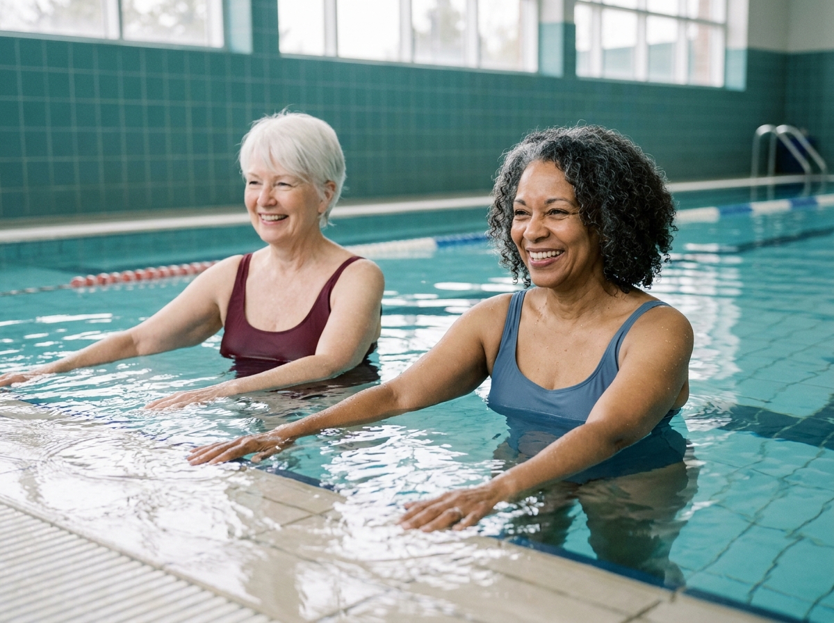 Deux femmes seniors faisant de l'aquagym ensemble dans une piscine intérieure pour bouger sans douleur articulaire