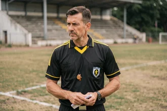 Arbitre amateur en uniforme noir sur le bord d'un terrain de football, tenant un carnet de notes et un sifflet