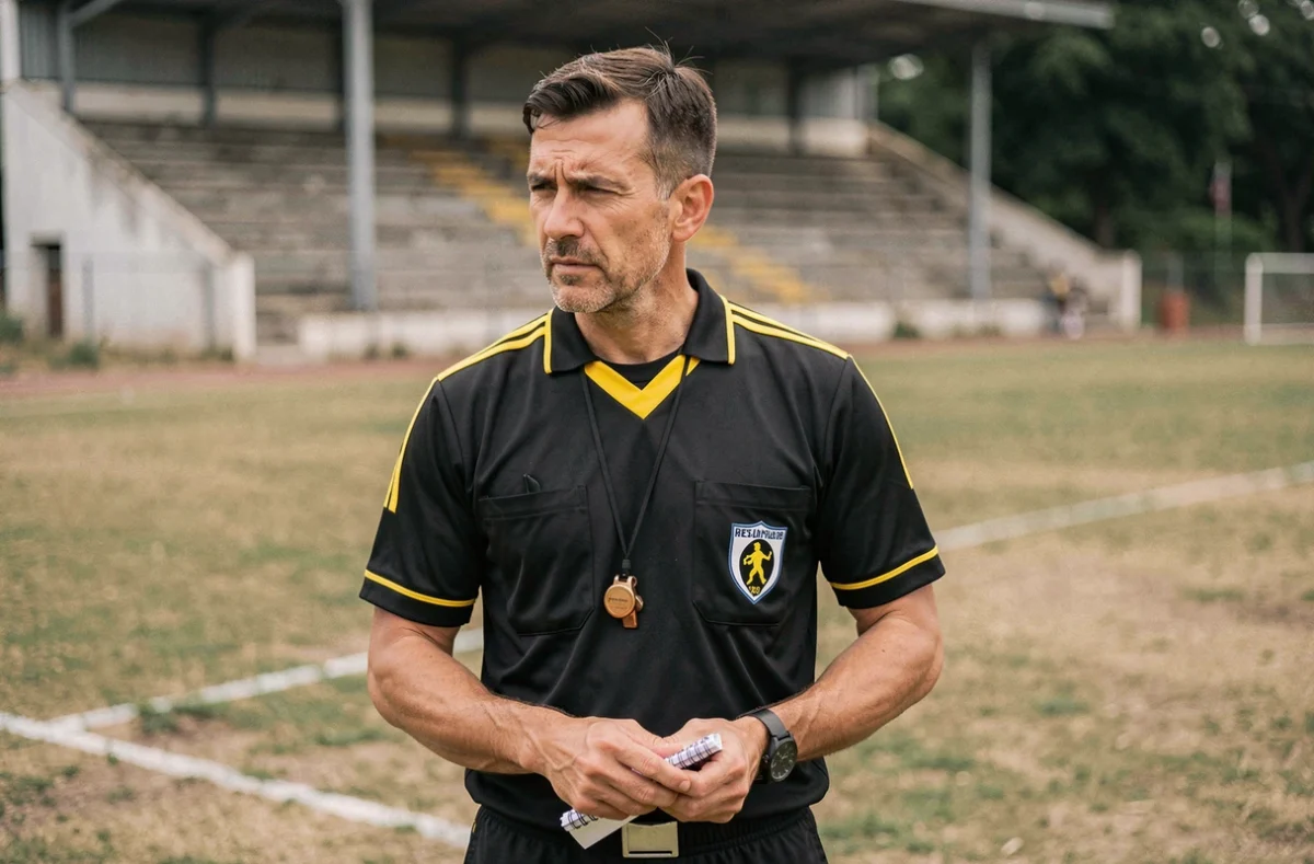 Arbitre amateur en uniforme noir sur le bord d'un terrain de football, tenant un carnet de notes et un sifflet