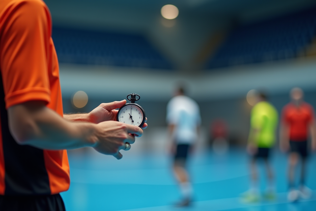 Arbitre de handball tenant un chronomètre et sifflet