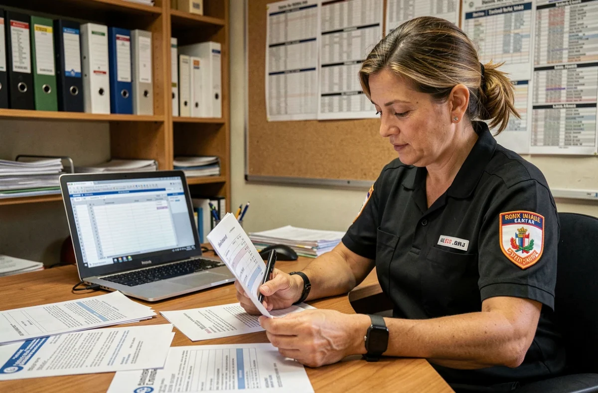 Femme arbitre professionnelle consultant sa fiche de paie dans un bureau administratif sportif