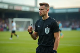 Jeune arbitre homme en uniforme noir sur terrain de football