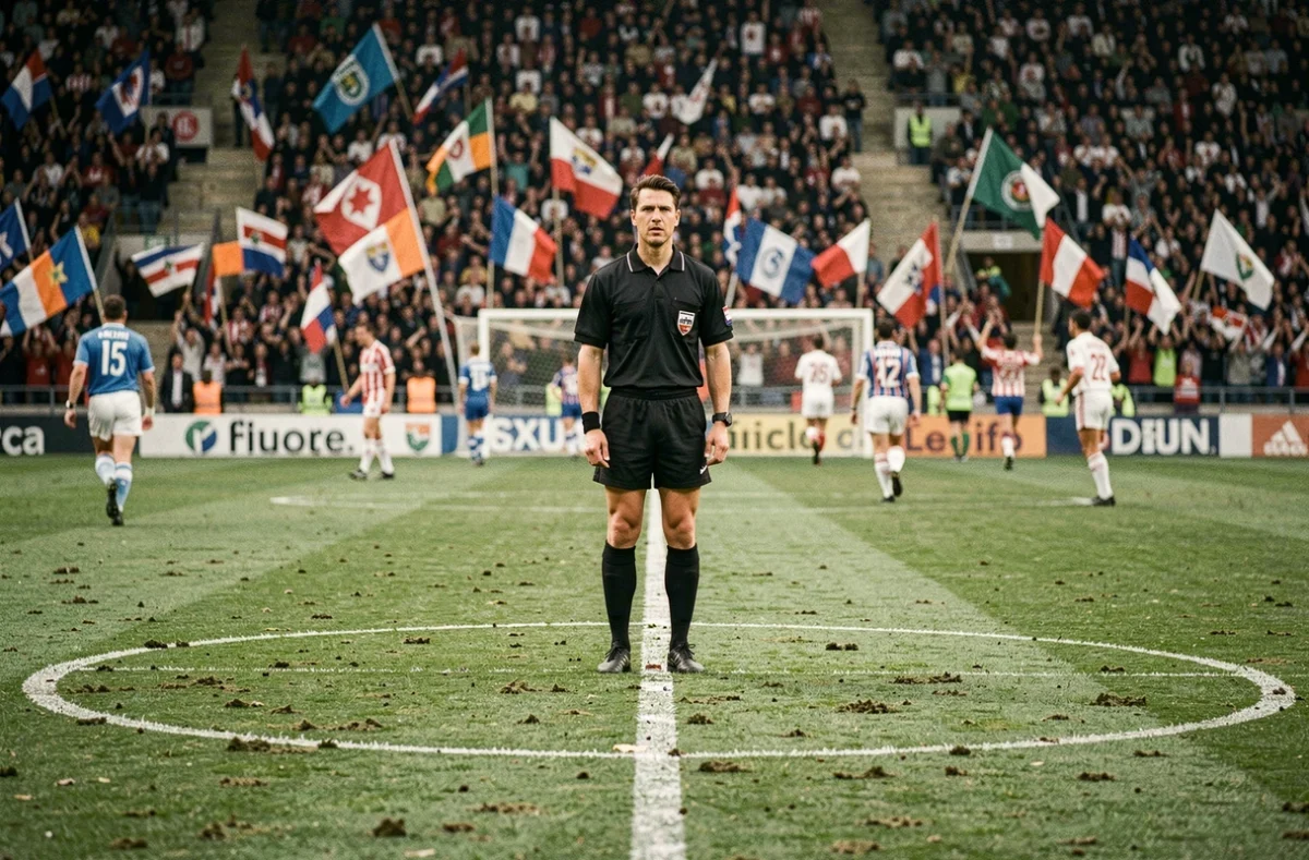 Arbitre sur la pelouse d'un grand stade français durant la Coupe du monde de football 1998, avec joueurs et spectateurs en arrière-plan