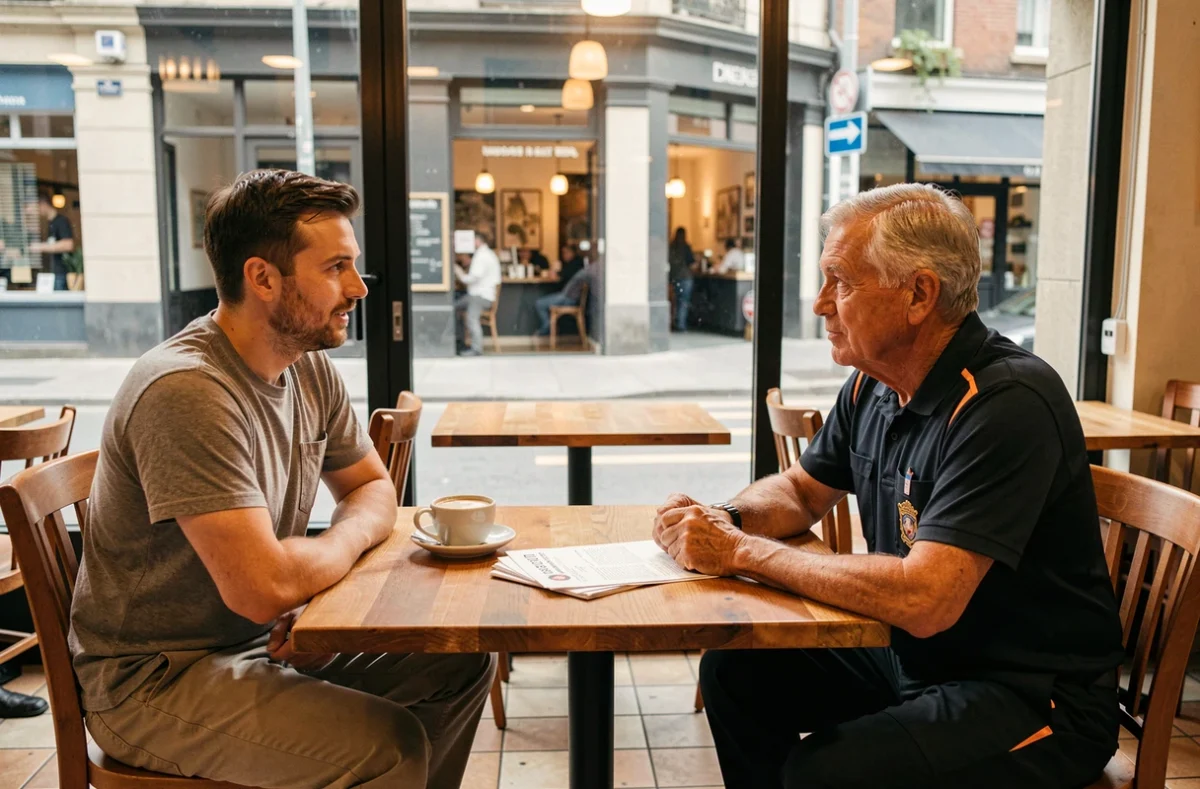 Deux arbitres de football discutant de leur rémunération autour d'un café dans un bistrot urbain