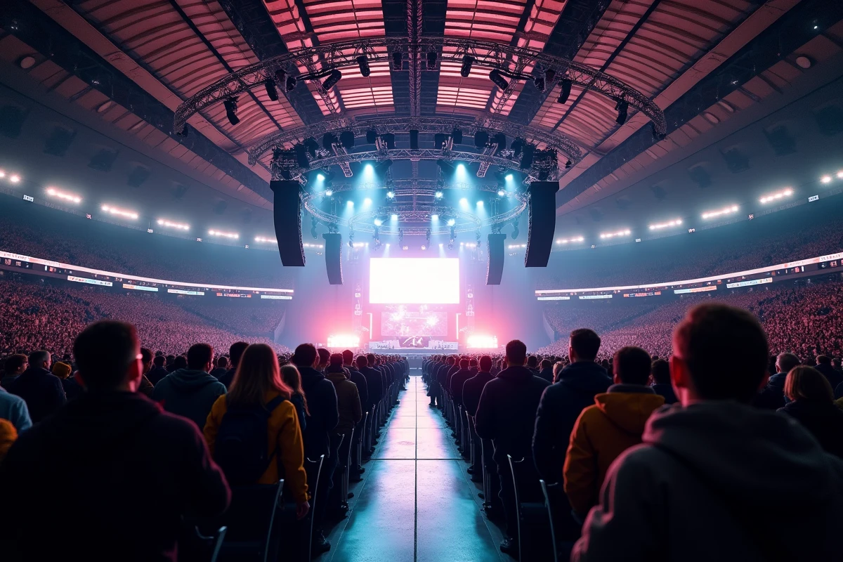 Intérieur d'une grande arena couverte en configuration concert avec le public debout en fosse et les gradins complets, illustrant la capacité d'une salle de type Bercy ou La Défense Arena