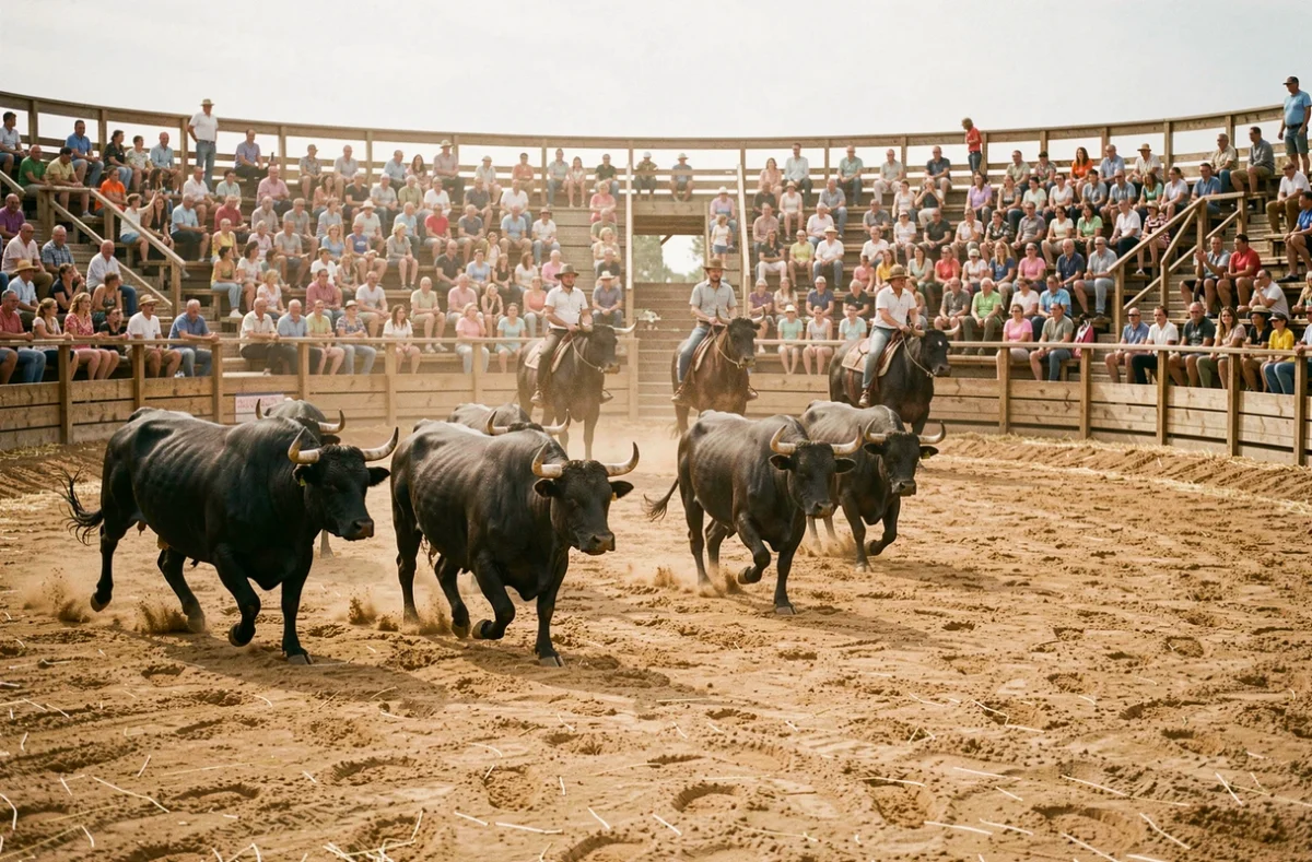 Vue panoramique d'une arène de ferrade camarguaise avec spectateurs et taureaux noirs lors d'une course de manade