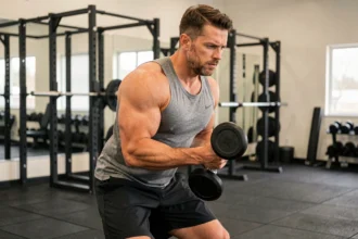 Homme adulte réalisant un arraché à l'haltère en salle de sport, exercice de rééducation progressive après blessure à l'épaule