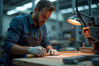 Main d'artisan fabriquant une raquette Bullpadel en usine