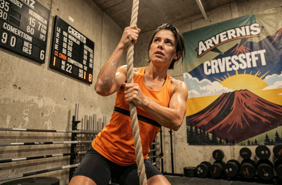 Femme grimpant à la corde dans la box Arvernis CrossFit, décorée aux couleurs de l'Auvergne