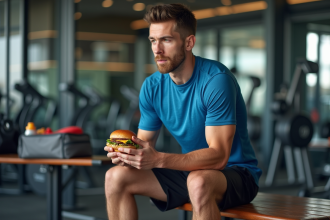 Jeune athlète pensif avec burger après entraînement