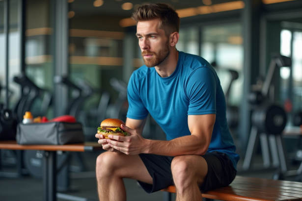 Jeune athlète pensif avec burger après entraînement