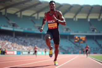 Jeune athlète noir sprinteur en pleine course sur piste