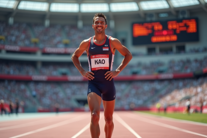 Athlète masculin en course victorieuse sur stade