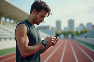 Jeune athlète course vérifiant ses données de performance