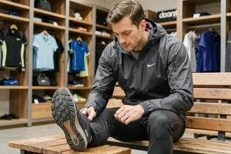 Homme évaluant la qualité d'une chaussure de trail dans un magasin de sport, illustrant un avis consommateur sur Deporvillage