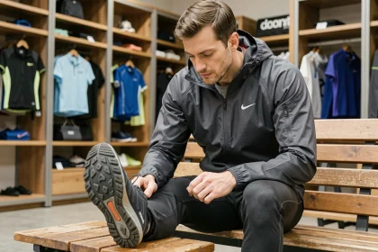 Homme évaluant la qualité d'une chaussure de trail dans un magasin de sport, illustrant un avis consommateur sur Deporvillage