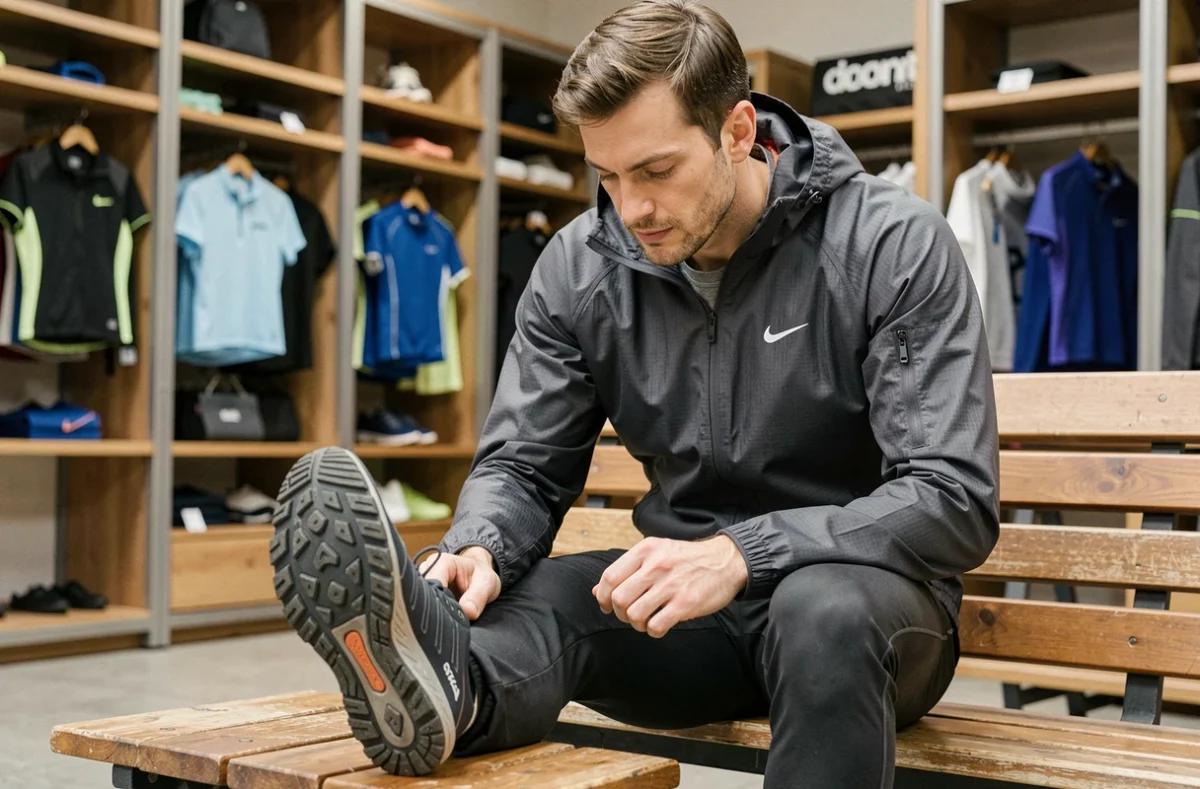 Homme évaluant la qualité d'une chaussure de trail dans un magasin de sport, illustrant un avis consommateur sur Deporvillage