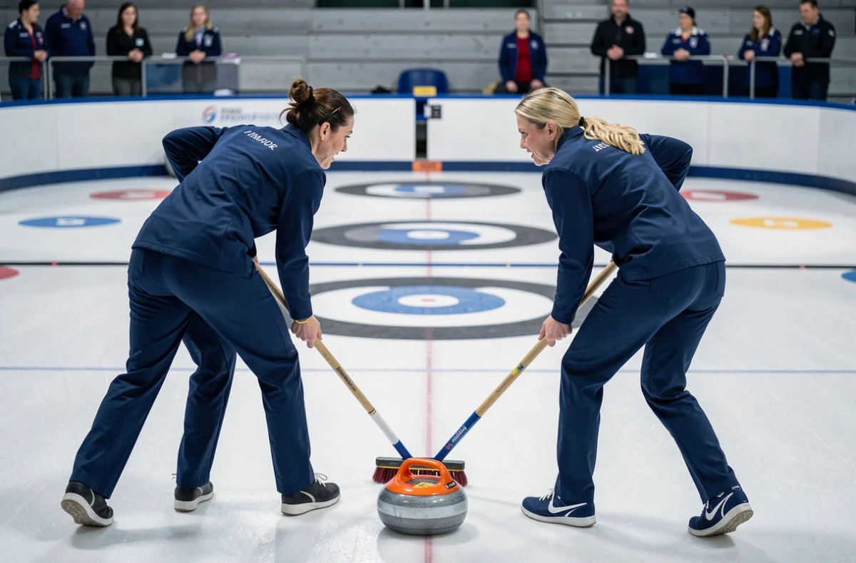 Deux joueuses de curling balayant énergiquement devant la pierre pour influencer sa trajectoire pendant une manche