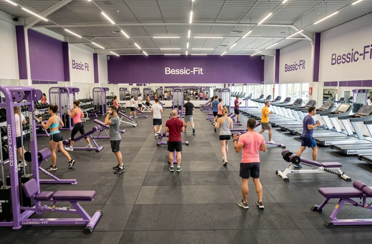Vue générale de la salle Basic-Fit à Clermont-Ferrand avec équipements violets et membres variés
