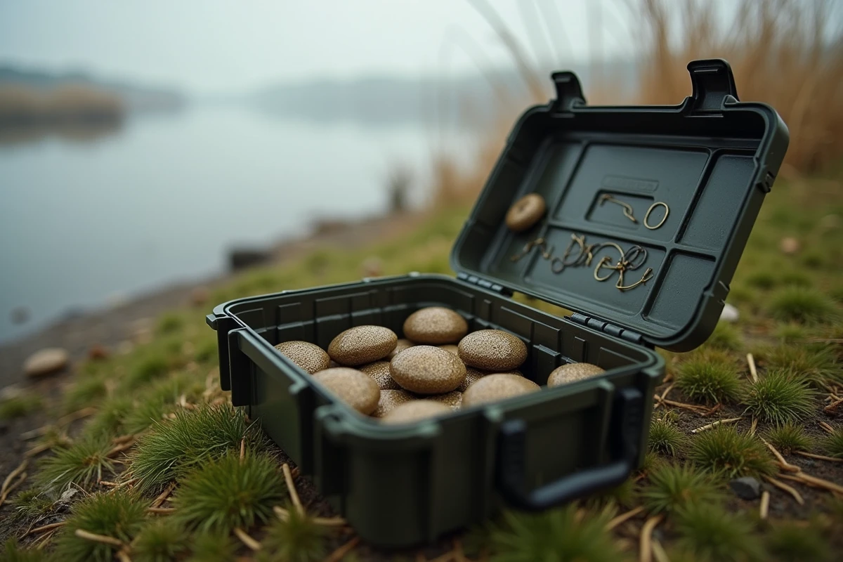 Boilies et matériel de pêche organisés sur la rive