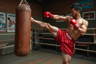 Boxeur thaïlandais exécutant un coup de pied circulaire sur un sac de frappe dans une salle d'entraînement de Muay Thai traditionnelle à Bangkok