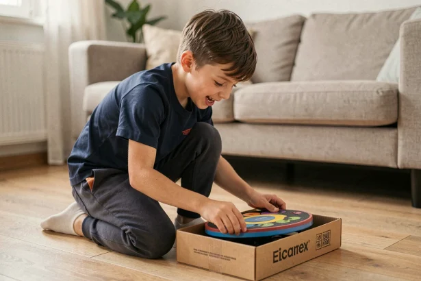 Garçon de 11 ans découvrant un cadeau sportif compact dans un petit appartement