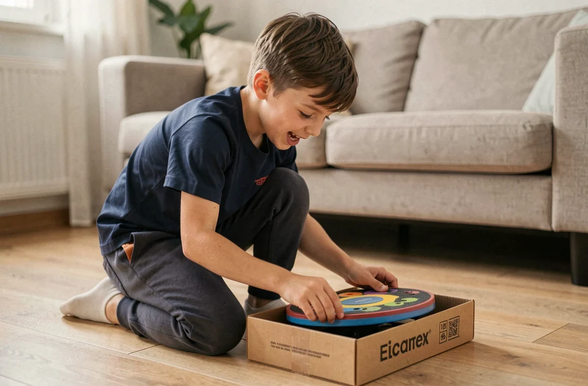 Garçon de 11 ans découvrant un cadeau sportif compact dans un petit appartement