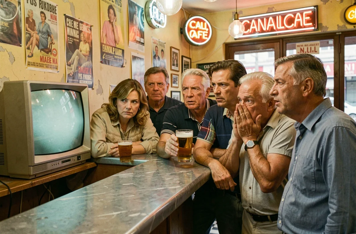 Groupe de supporters français regardant un match de la Coupe du monde 1998 dans un café typique, visages tendus devant un vieux téléviseur cathodique