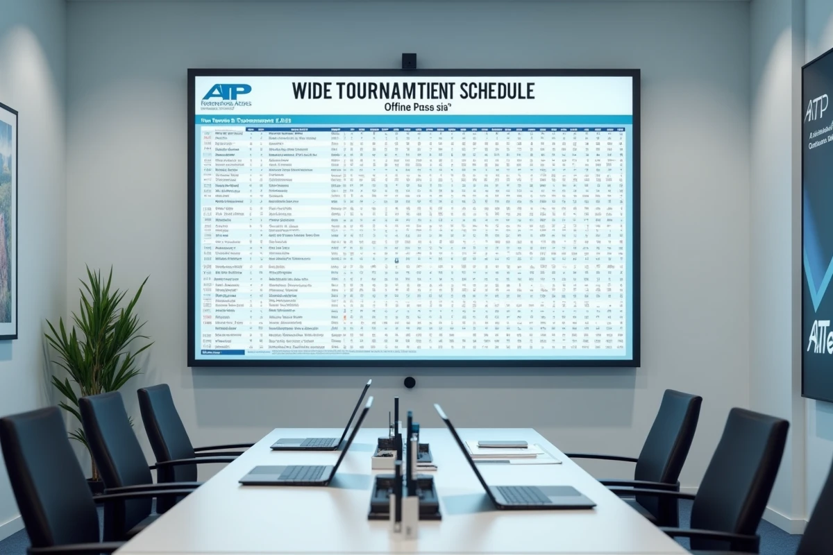 Tableau de calendrier officiel des tournois ATP 2026 affiché dans un centre médias de tennis, illustrant les changements de programme et les tournois à suivre