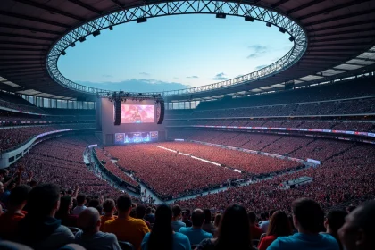 Vue panoramique de la fosse et des tribunes du Stade de France lors d'un grand concert, montrant la capacité maximale de l'enceinte avec des dizaines de milliers de spectateurs