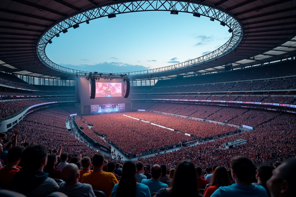 Vue panoramique de la fosse et des tribunes du Stade de France lors d'un grand concert, montrant la capacité maximale de l'enceinte avec des dizaines de milliers de spectateurs