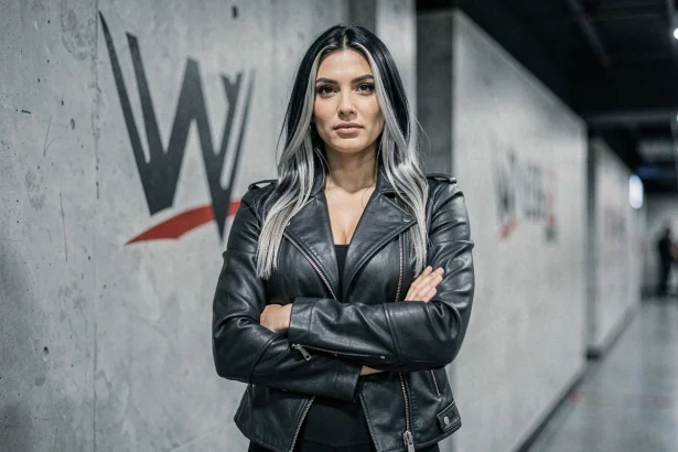 Catcheuse professionnelle style Rhea Ripley dans un couloir d'arène WWE, portrait 3/4 en veste en cuir sombre
