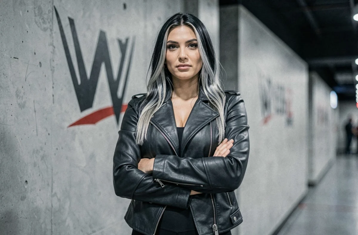 Catcheuse professionnelle style Rhea Ripley dans un couloir d'arène WWE, portrait 3/4 en veste en cuir sombre