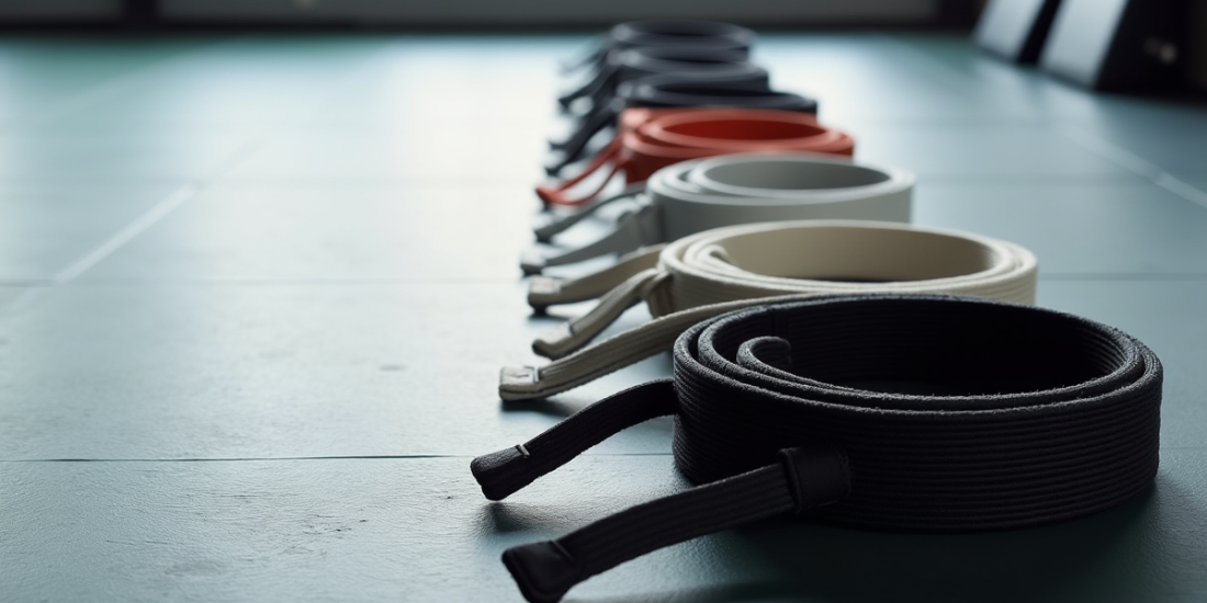 Rangee de ceintures de jiu jitsu brésilien sur un tapis