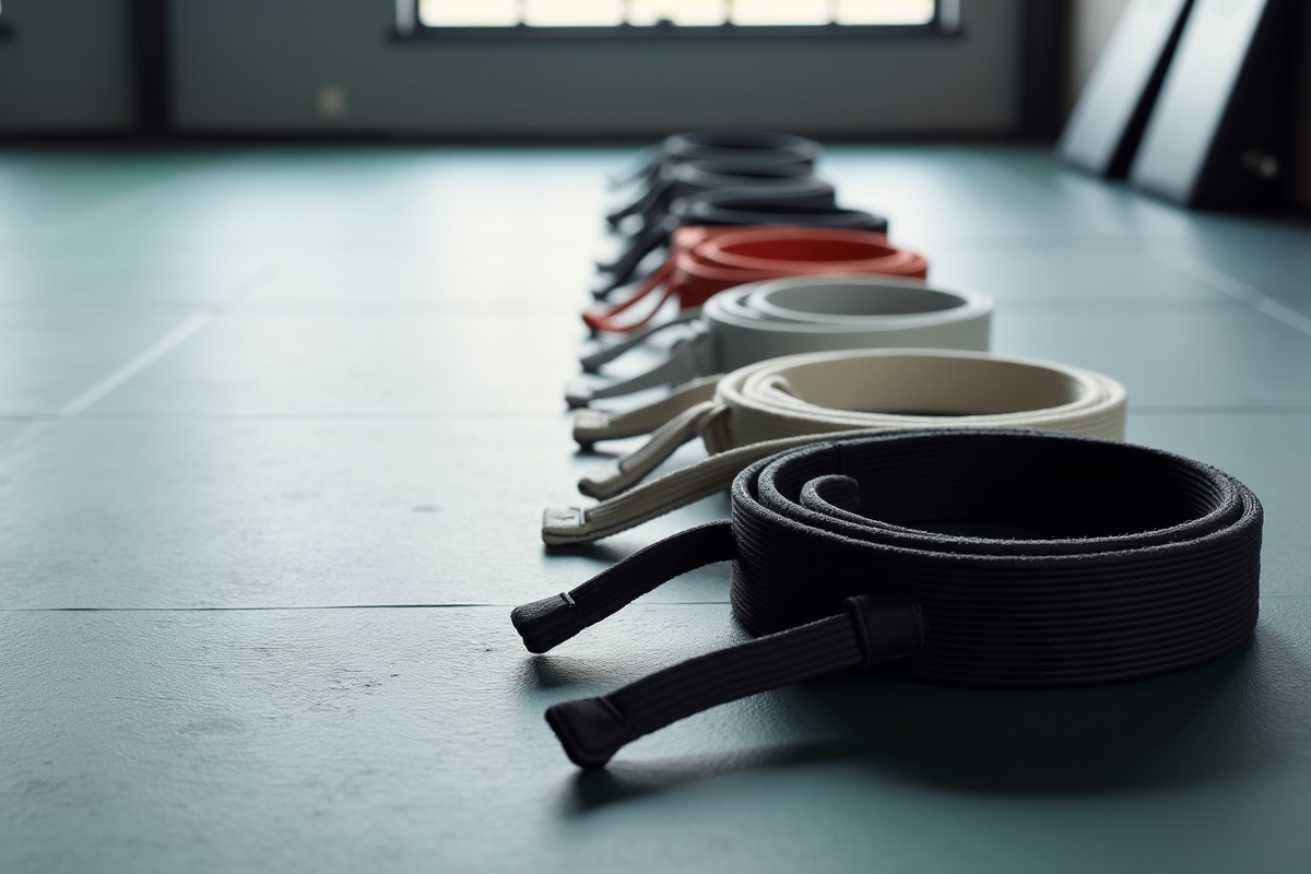 Rangee de ceintures de jiu jitsu brésilien sur un tapis