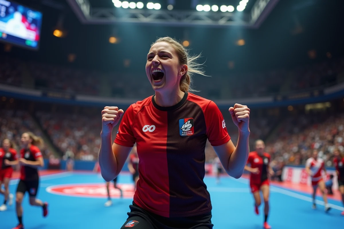 Célébration d'un but lors d'un match décisif du championnat de France de handball féminin
