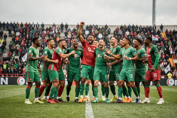 Joueurs algériens célébrant un but lors d'un match de Ligue 1 algérienne