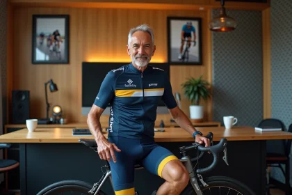 Ancien champion cycliste en maillot de vélo dans un studio de podcast sportif moderne avec microphone professionnel
