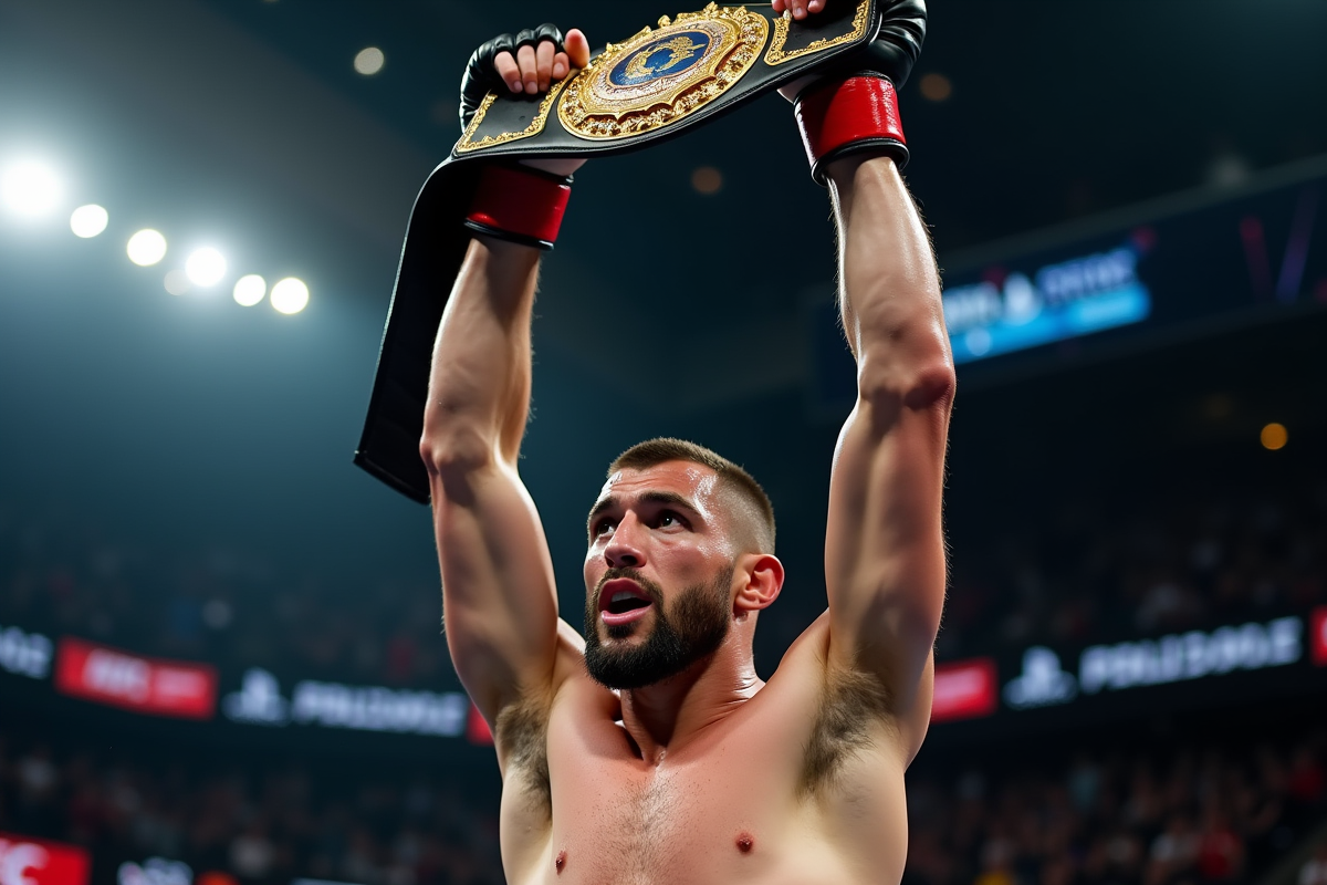 Fighter MMA levant son titre en arena avec foule en arrière-plan